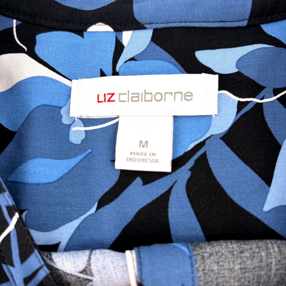 Liz Claiborne Womens Blue Floral Rayon Blouse 3/4 Sleeve Black Tunic Top Size M - Picture 2 of 8